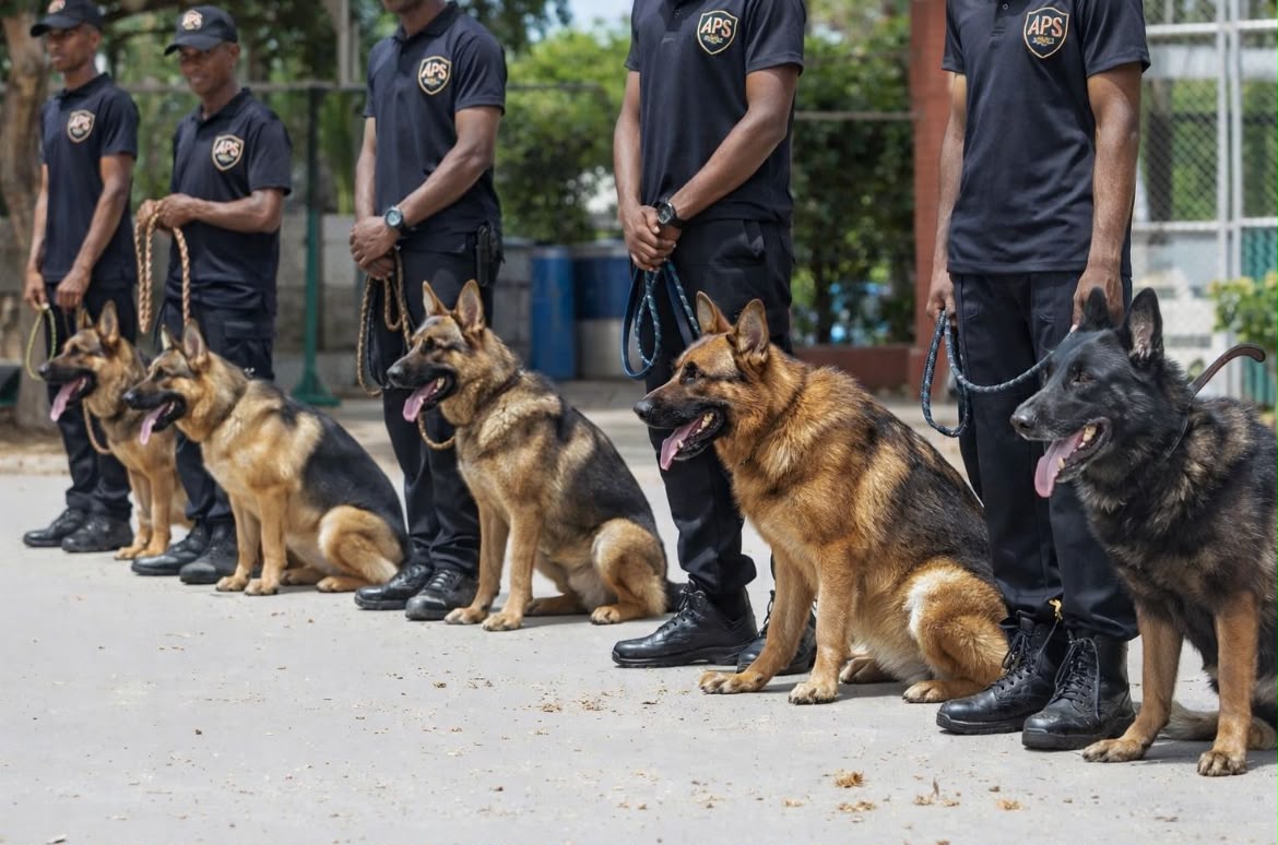 Armored Protection Services K9 handlers standing with trained security dogs